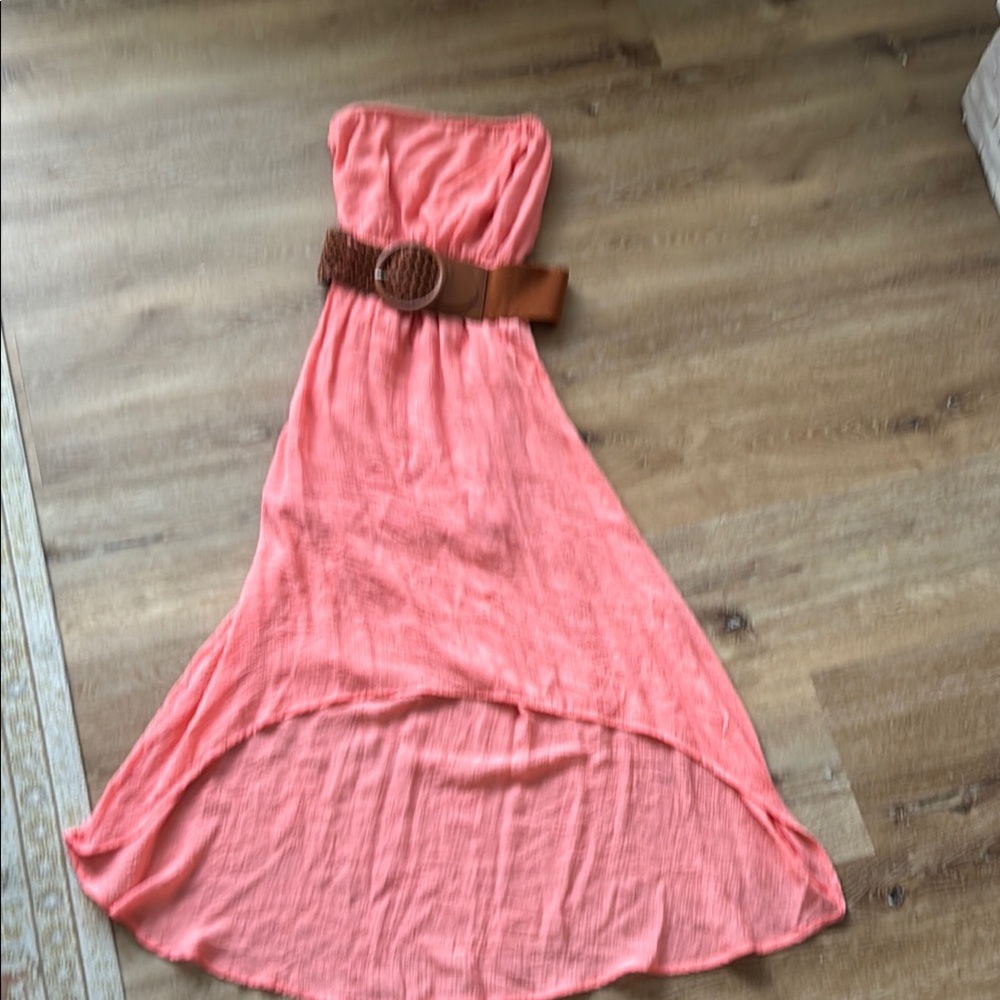 Love Culture Strapless Coral Dress with Brown Belt. Size small